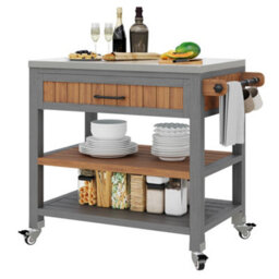 Btm Garden Cabinet With Wheels And Stainless Steel Worktop, Mobile Bbq Station With Drawer, Shelves And Towel Rack - thumbnail 4