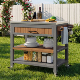 Btm Garden Cabinet With Wheels And Stainless Steel Worktop, Mobile Bbq Station With Drawer, Shelves And Towel Rack - thumbnail 1