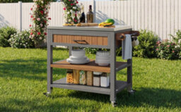 Btm Garden Cabinet With Wheels And Stainless Steel Worktop, Mobile Bbq Station With Drawer, Shelves And Towel Rack - thumbnail 9