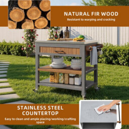 Btm Garden Cabinet With Wheels And Stainless Steel Worktop, Mobile Bbq Station With Drawer, Shelves And Towel Rack - thumbnail 8