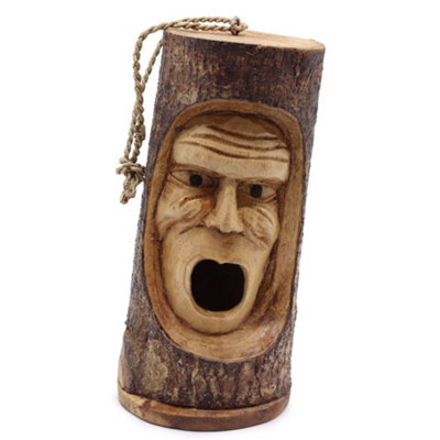 Serenityy Hand-Carved Tree Trunk Bird House - Grumpy Old Man Face, Hanging Rustic Nest Box For Garden Birds, Solid Wood - image 1
