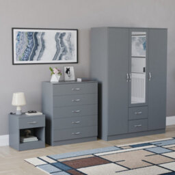 Lassic Vida Designs Riano 3 Piece Bedroom Set (1 Drawer Bedside Chest, 5 Drawer Chest, 3 Door 2 Drawer Mirrored Wardrobe), Grey - thumbnail 6