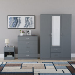 Lassic Vida Designs Riano 3 Piece Bedroom Set (1 Drawer Bedside Chest, 5 Drawer Chest, 3 Door 2 Drawer Mirrored Wardrobe), Grey - thumbnail 7