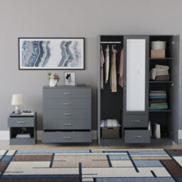 Lassic Vida Designs Riano 3 Piece Bedroom Set (1 Drawer Bedside Chest, 5 Drawer Chest, 3 Door 2 Drawer Mirrored Wardrobe), Grey - thumbnail 2