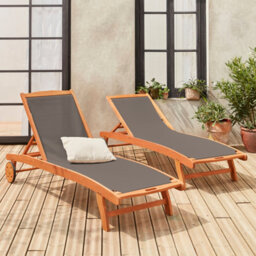 Sweeek. Pair Of Wooden And Textilene Sun Loungers Marbella Anthracite 196X68X91 Cm