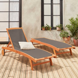 Sweeek. Pair Of Wooden And Textilene Sun Loungers Marbella Anthracite 196X68X91 Cm - thumbnail 2