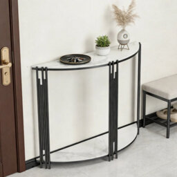 Xl Half Moon Console Table 2 Shelves Marble Tabletop Narrow Entrance Hall Table - thumbnail 4