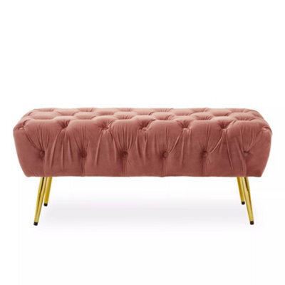 Premier Housewares Interiors By Premier Stylish Dusty Pink Velvet Footstool With Gold Leg, Decent Gold Polished Footrest, Rectangular Ottoman Stool - image 1