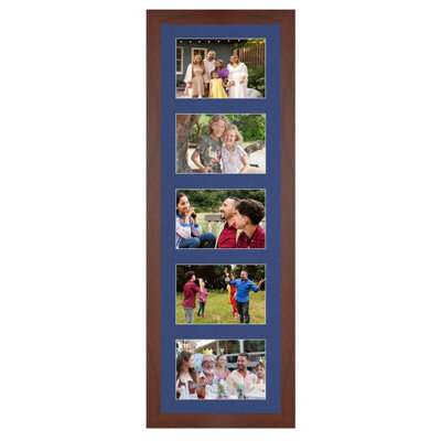 AK Frames 26X8 Rose Wood Modern Multi Photo Frame With Blue Mount - Holds 5 Apertures (5X) 6X4 Photos - image 1