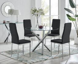 Furniturebox Uk Selina Chrome Round Glass Dining Table And 4 Black Milan Dining Chairs - thumbnail 1