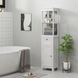 Homcom Slim Bathroom Storage Cabinet With Open Shelves And Drawer, White - thumbnail 8