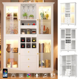 Btm 180Cm Wine Cabinet, Led (App Control), Glass Doors, 3 Drawers, Wine Rack, White - thumbnail 2