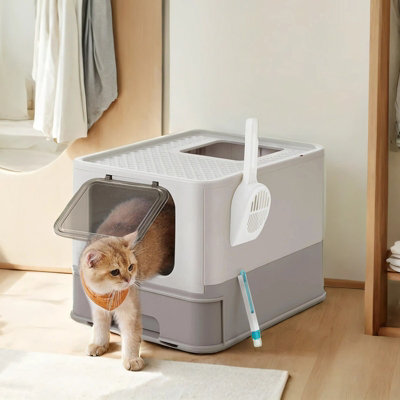 LEDREM Cat Litter Box With Lid, Covered Litter Box With Top Entry, Slide-Out Tray, Scoop, Brush, For Large Cat, Max. Load 33 Lb - image 1