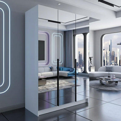 Calia Iii 150Cm Three Door Wardrobe Modern Mirror Front With Contoured Profile Shelves Hanging Rail White Black - image 1