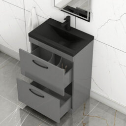 Royal Bathrooms Turin 600mm Floor Standing Vanity Unit 2 Drawer Indigo Grey Gloss With Black Basin & Handles - thumbnail 6