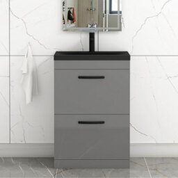 Royal Bathrooms Turin 600mm Floor Standing Vanity Unit 2 Drawer Indigo Grey Gloss With Black Basin & Handles - thumbnail 4