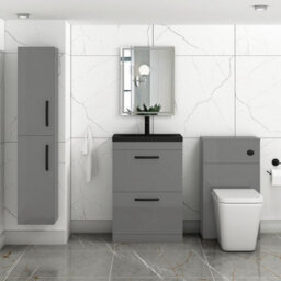 Royal Bathrooms Turin 600mm Floor Standing Vanity Unit 2 Drawer Indigo Grey Gloss With Black Basin & Handles - thumbnail 5