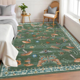 London Boutique 140X200Cm Mushroom Butterfly Area Rug, Washable Non-Slip Low Pile Carpet For Nursery, Bedroom, Living Room, Green - thumbnail 2