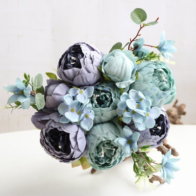 Luxury Artificial Silk Peony Bouquet - Muted Blue & Teal, 13 Heads, 50Cm - Perfect For Wedding & Home Decor - image 1