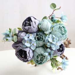 Luxury Artificial Silk Peony Bouquet - Muted Blue & Teal, 13 Heads, 50Cm - Perfect For Wedding & Home Decor