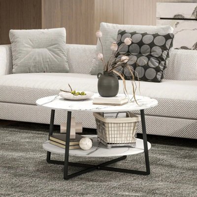 White Round Marble Effect Coffee Table Black Metal Legs Storage Shelf - image 1