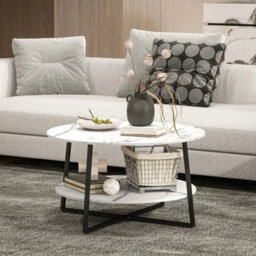 White Round Marble Effect Coffee Table Black Metal Legs Storage Shelf - thumbnail 1
