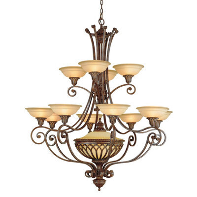 Elegant 13 Bulb Metal Chandelier With Glass Shades In British Bronze Finish