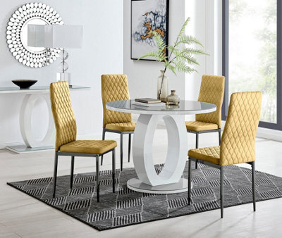 Furniturebox Uk Giovani Round Grey 100Cm Table And 4 Mustard Velvet Milan Black Leg Chairs - image 1