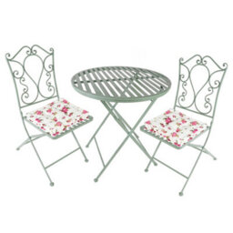 Dibor Vintage Green 3 Piece Outdoor Garden Furniture Dining Table And Chair Folding Bistro Set With Free Set Of 2 Floral Box Cushions