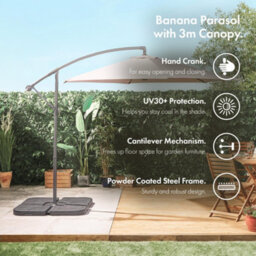Vonhaus Banana Parasol 3M, Cantilever Hanging Parasol Umbrella For Garden, Sun Shade Canopy With Crank, Steel Frame, Uv30+, Grey - thumbnail 2