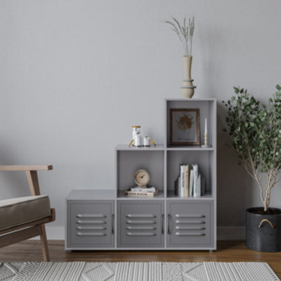 Urbn-Living Urbnliving 91Cm Height 6 Cube Step Grey Storage Bookcase Shelf Unit Metal Grey Door - image 1