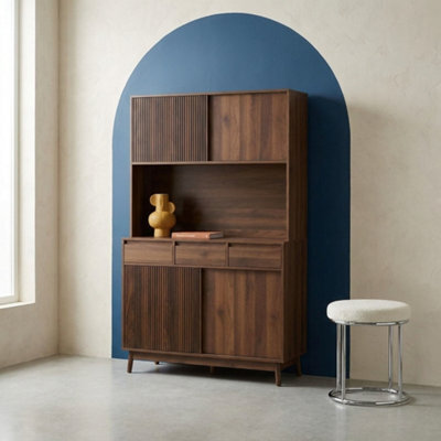 Sweeek - Kitchen Sideboard 110Cm With 3 Drawers Wood Decor Walnut 110X40X185 Cm - Linear - image 1