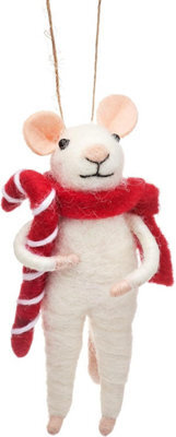 Sass & Belle Christmas Handcrafted Felt Mouse With Candy Cane Hanging Ornament - Small W 6.5 X L 11.5 X H 7 Cm