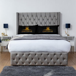 UKBEDFURNITURE Jasmine Grey Plush Wingback Divan Bed Base With 54 Inch Headboard & 10 Inch Orthopaedic Mattress - No Storage - thumbnail 1