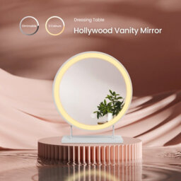 Emke Led Hollywood Vanity Mirror 400mm Round Makeup Mirror Dressing Table With Dimmable And 3 Colors, White - thumbnail 2