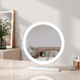 Emke Led Hollywood Vanity Mirror 400mm Round Makeup Mirror Dressing Table With Dimmable And 3 Colors, White - thumbnail 1