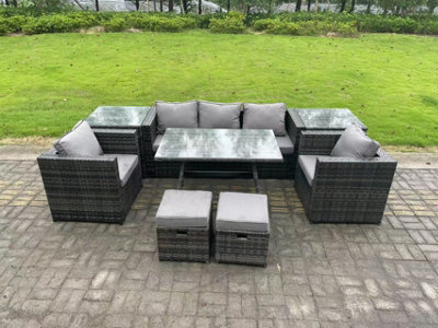 Fimous Rattan Outdoor Furniture Sofa Garden Dining Set With Dining Table 2 Armchairs 2 Side Tables Small Stools - image 1