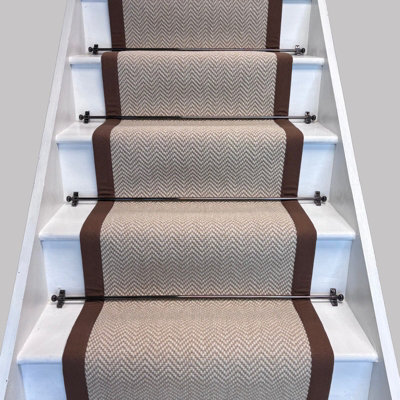 RainbowHome Herringbone Chalk Beige Wool Stair Runner With 100% Cotton Brown Border 60 600 - image 1