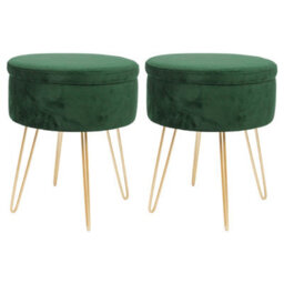 Harbour Housewares 2X Velvet Storage Footstools - Round Modern Dressing Table Footstool Vanity Seat Chair - 45 X 36Cm Green/gold