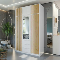 Modern 3 Door Wardrobe Balilux D3 150 Cm Wide With A One Mirror On The Doors And Stylish Strips White With Oakwotan With Extension - thumbnail 2