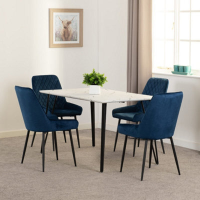 Seconique Marlow Dining Set White Marble With 4 Blue Avery Velvet Chairs - image 1