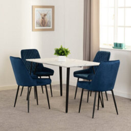 Seconique Marlow Dining Set White Marble With 4 Blue Avery Velvet Chairs - thumbnail 1