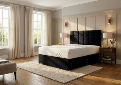Adore Designs Ashford Plush Velvet Divan Bed, Headboard - 4Ft6 Double - Black - 2 Drawers Foot End - image 1