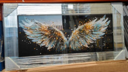 Biznest Angel Wings Glass Picture Liquid White Gold Wall Art Hung Rectangular Mirrored Frame 3D Glitter Art Deco Style 85 X 45 Cm