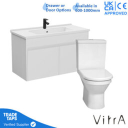 Vitra 1000mm Wall Hung Bathroom Vanity Unit With 2 Doors Includes Basin, Black Tap And Close Coupled Toilet Set - White Gloss - thumbnail 1
