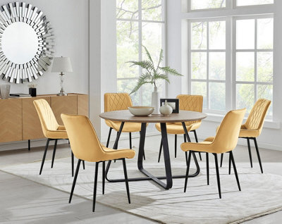 Furniturebox Uk Santorini Brown Round Round Dining Table And 6 Mustard Pesaro Black Leg Chairs - image 1