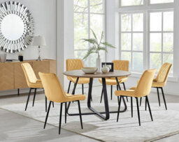 Furniturebox Uk Santorini Brown Round Round Dining Table And 6 Mustard Pesaro Black Leg Chairs - thumbnail 1