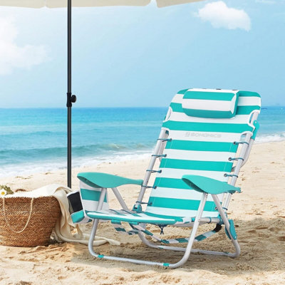 Songmics Folding Beach Chair, Portable Outdoor Chair, Backrest, Headrest, Armrests, Side Pockets, Green And White - image 1