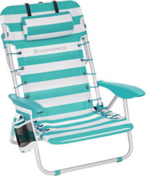 Songmics Folding Beach Chair, Portable Outdoor Chair, Backrest, Headrest, Armrests, Side Pockets, Green And White - thumbnail 8