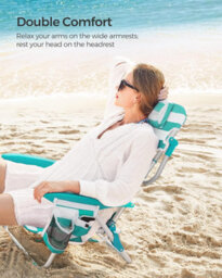 Songmics Folding Beach Chair, Portable Outdoor Chair, Backrest, Headrest, Armrests, Side Pockets, Green And White - thumbnail 5